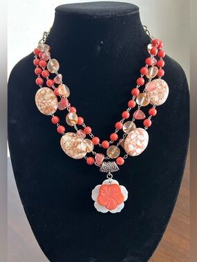 Orange and Silver Double-Strand Necklace with Flower Pendant